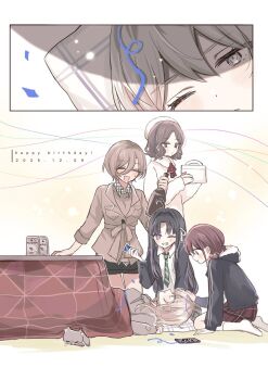 5girls ahoge asahi_breweries awa_subaru black_hair black_shorts blue_jacket blush brand_name_imitation brown_hair brown_jacket cat closed_mouth commentary_request confetti dated detached_sleeves ebizuka_tomo girls_band_cry grey_hair grey_hoodie hair_between_eyes hair_ribbon hamchan69 happy_birthday hat headpat highres hood hoodie iseri_nina jacket kawaragi_momoka kotatsu long_hair long_hair_between_eyes long_sleeves low_twintails mole mole_under_eye multicolored_hair multiple_girls no_shoes one_eye_closed open_mouth parted_bangs pillow red_eyes red_skirt ribbon roots_(hair) rupa_(girls_band_cry) short_hair short_twintails shorts skirt socks table togenashi_togeari twintails under_kotatsu under_table white_hat white_ribbon white_socks