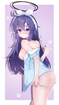 Rule 34 | 1girl, ass, blue archive, blue pajamas, blue panties, blue shorts, blush, closed mouth, commentary request, hair between eyes, hair ribbon, hairband, halo, highres, long hair, looking at viewer, mechanical halo, nipples, pajamas, panties, panty pull, purple eyes, purple hair, ribbon, shorts, solo, underwear, white hairband, white ribbon, yuanzi ako, yuuka (blue archive), yuuka (pajamas) (blue archive)