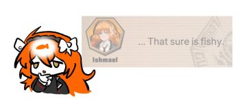 1girl black_coat bow bucachonglu coat commentary english_text fish hair_bow hand_on_own_chin headband ishmael_(project_moon) limbus_company orange_hair project_moon reference_inset shirt simple_background solo symbol-only_commentary thinking white_background white_shirt yellow_eyes