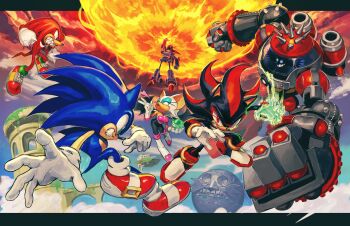 Rule 34 | 1girl, 5boys, absurdres, big arms (sonic), black fur, blue fur, body fur, chaos emerald, clenched hand, death egg, dr. eggman, group picture, highres, knuckles the echidna, kornart, mecha sonic mkii, multiple boys, red fur, robot, rouge the bat, shadow the hedgehog, sky sanctuary (sonic), sonic (series), sonic the hedgehog