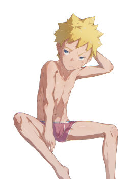 1boy absurdres blonde_hair blue_eyes closed_mouth facial_mark highres ken_woofwoof male_focus naruto_(series) nipples short_hair sitting solo topless_female underwear underwear_only uzumaki_naruto whisker_markings white_background