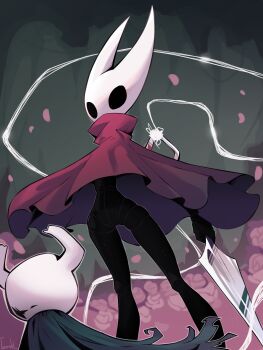 1girl 1other absurdres arthropod_girl black_skin cloak colored_skin flower grey_cloak hashtag-only_commentary highres hollow_eyes hollow_knight hollow_knight:_silksong horned_mask hornet_(hollow_knight) imerald knight_(hollow_knight) light_trail mask needle_(hollow_knight) petals red_cloak rose rose_petals solo_focus standing white_mask