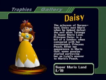 Rule 34 | 1989, 1girl, blue eyes, brown hair, crown, dress, earrings, flipped hair, flower earrings, full body, gloves, jewelry, long hair, mario (series), nintendo, official art, orange dress, princess daisy, puffy short sleeves, puffy sleeves, short sleeves, super mario land, super smash bros, super smash bros., super smash bros. melee, trophy