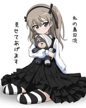1girl absurdres bandages black_ribbon black_thighhighs blush brown_eyes brown_hair closed_mouth commentary dress frown girls_und_panzer hair_ribbon highres holding holding_stuffed_toy layered_dress long_hair long_sleeves looking_at_viewer medium_dress one_side_up over-kneehighs pinafore_dress ribbon shimada_arisu shirt sitting skirt sleeveless sleeveless_dress solo striped_clothes striped_thighhighs stuffed_animal stuffed_toy suspender_skirt suspenders teddy_bear thighhighs translated white_background white_shirt white_thighhighs yokozuwari zaofeng