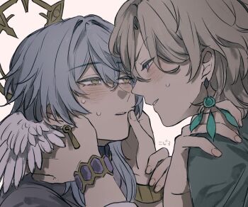 2boys aventurine_(honkai:_star_rail) blonde_hair blue_eyes blush bracelet double-parted_bangs earrings grey_hair halo halo_behind_head halo_downfall hand_on_another's_shoulder hands_on_another's_face hashtag-only_commentary head_wings highres honkai:_star_rail honkai_(series) jewelry long_hair male_focus multiple_boys nervous_sweating parted_lips piercing sunday_(honkai:_star_rail) sweat white_background wings yaoi yellow_eyes