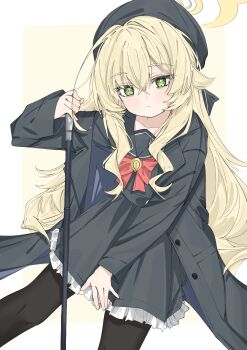 Rule 34 | 1girl, beret, black coat, black hat, black pantyhose, black sailor collar, black serafuku, blonde hair, blue archive, blush, bow, bowtie, cane, coat, commentary request, fluffy hair, green eyes, halo, hat, highres, holding, holding cane, long hair, pantyhose, professor niyaniya (blue archive), red bow, red bowtie, sailor collar, school uniform, serafuku, side ahoge, simple background, solo, wasabi koharu, yellow halo