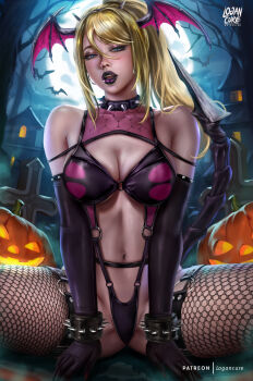 1girl absurdres bat_(animal) black_gloves black_lips blonde_hair blue_eyes breasts collar demon_girl earrings elbow_gloves fishnet_thighhighs fishnets full_moon gloves halloween head_wings highres hoop_earrings horns jack-o&#039;-lantern jewelry large_breasts leotard logan_cure long_hair looking_at_viewer metroid mole mole_under_mouth moon navel nintendo o-ring_leotard open_mouth ponytail samus_aran sitting solo spiked_collar spikes tail thighhighs tombstone wings