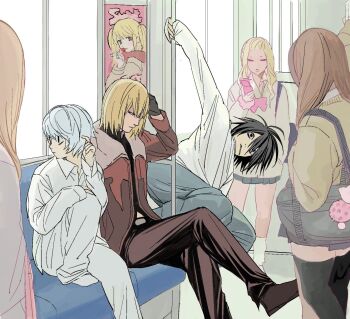 3boys 4girls amane_misa bag black_gloves black_hair black_pants black_thighhighs black_vest blonde_hair blue_pants bow bowtie brown_coat brown_hair coat collared_shirt crossed_legs death_note fur-trimmed_coat fur_trim gloves grey_hair hair_between_eyes half_updo hand_in_own_hair highres l_(death_note) mello_(death_note) multiple_boys multiple_girls near_(death_note) no_eyebrows panties pants pink_bow pink_bowtie pleated_skirt shirt short_hair shoulder_bag sitting skirt thighhighs train_interior twintails underwear vest white_panties white_shirt yumei_(jigoku101)