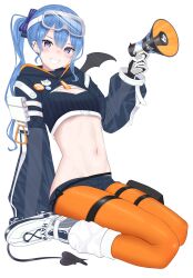 Rule 34 | 1girl, absurdres, adapted costume, alternate color, barbell piercing, black gloves, black shorts, blue eyes, blue hair, blush, breasts, cosplay, crop top, demon tail, demon wings, ear piercing, full body, gloves, goggles, goggles on head, hand up, highres, holding, holding megaphone, hololive, hooded shrug, hoshimachi suisei, hoshimachi suisei (streetwear), industrial piercing, long hair, long sleeves, looking at viewer, megaphone, navel, orange pantyhose, pantyhose, piercing, roller skates, see-through, see-through sleeves, short shorts, shorts, shrug (clothing), side ponytail, simple background, single wing, sitting, skates, small breasts, smile, snow goggles, socks, solo, star (symbol), star in eye, stomach, strapless, symbol in eye, tail, teeth, thigh strap, tojo aoi, tokoyami towa, tokoyami towa (5th costume), tokoyami towa (cosplay), tube top, two-sided gloves, virtual youtuber, wariza, white background, white footwear, white gloves, white socks, wide sleeves, wings