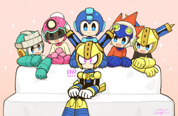 Rule 34 | !, !???, 6+boys, ?, ??, android, armor, behind another, black bodysuit, black hair, blast man, block man, blocks, blue armor, blue eyes, blue hoodie, blush, bodysuit, bounce man, closed mouth, commentary request, couch, feet out of frame, fuse, fuse man, gloves, helmet, highres, hood, hoodie, joints, looking at another, male focus, mega man (character), mega man (classic), mega man (series), mega man 11, meme, multiple boys, multiple persona, on couch, open mouth, pink armor, piper perri surrounded (meme), purple eyes, robot, robot ears, robot joints, short hair, shorts, simple background, sitting, smile, visor (armor), wenyu, white background, white gloves, yellow armor, yellow headwear
