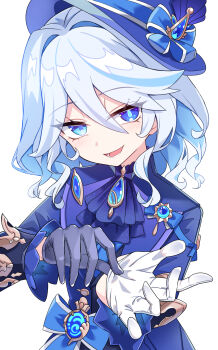 Rule 34 | 1girl, adjusting clothes, adjusting gloves, ascot, asymmetrical gloves, blue ascot, blue bow, blue eyes, blue gem, blue gloves, blue hair, blue jacket, blue pupils, bow, commentary request, drop-shaped pupils, e.o., furina (genshin impact), gem, genshin impact, gloves, hair between eyes, hands up, heterochromia, highres, hydro symbol (genshin impact), jacket, looking at viewer, mismatched gloves, multicolored hair, simple background, solo, symbol-shaped pupils, upper body, vision (genshin impact), white background, white gloves, white hair