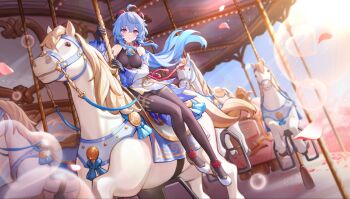 1girl absurdres ahoge air_bubble bare_shoulders black_gloves blue_hair bodystocking bubble carousel day detached_sleeves falling_petals floating_hair ganyu_(genshin_impact) genshin_impact gloves hair_between_eyes high_heels highres horns long_hair long_sleeves looking_at_viewer low_ponytail official_art outdoors petals ponytail purple_eyes sidelocks siya_ho skirt smile solo very_long_hair white_footwear