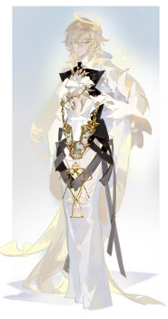 1boy absurdres blonde_hair full_body hair_between_eyes halo highres liulianjingrua long_hair long_sleeves looking_at_viewer male_focus original solo yellow_eyes