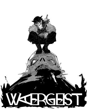 1boy absurdres blood blood_on_face boots commentary english_commentary full_body greyscale hatching_(texture) highres horns jacket linear_hatching long_sleeves looking_at_viewer male_focus miregeist monochrome monster original pants scarf short_hair simple_background solo squatting white_background