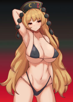 1girl arm_up armpits bikini blonde_hair breasts commentary_request highres huge_breasts junko_(touhou) large_breasts long_hair looking_at_viewer mani_padme panties solo solo_focus swimsuit thong thong_bikini thong_panties touhou underwear