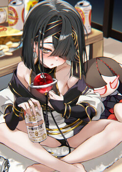 1girl bag_of_chips bare_shoulders barefoot beer_can black_hair blush bracelet breasts bridal_gauntlets brown_eyes can chips_(food) commentary_request drink_can drunk fate/grand_order fate_(series) food gold_trim hair_over_one_eye highres hitsujibane_shinobu jewelry lady_yu_doll long_sleeves looking_at_viewer mole mole_under_eye off_shoulder potato_chips puffy_short_sleeves puffy_sleeves shirt short_hair short_sleeves sitting small_breasts space_xu_fu_(fate) stuffed_toy white_shirt xu_fu_(fate)