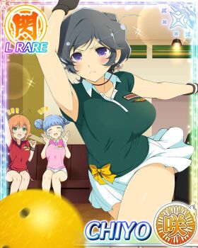3girls :d ahoge ball black_gloves black_hair blue_hair border bowling bowling_alley bowling_ball bowling_glove breasts card_(medium) character_name cheering chiyo_(senran_kagura) closed_eyes closed_mouth double_bun english_text game_cg gloves green_eyes green_shirt hair_bun jewelry kanon_(senran_kagura) kosuzu_(senran_kagura) large_breasts messy_hair multiple_girls necklace official_alternate_costume official_art open_mouth orange_hair pink_shirt playing_sports polo_shirt purple_eyes red_shirt senran_kagura senran_kagura_new_wave serious shirt short_hair shuriken_hair_ornament skirt smile solo_focus white_skirt