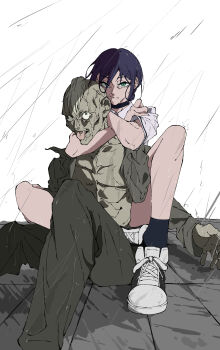 1boy 1girl absurdres ari(user_atnn8735) bare_legs blue_socks chainsaw_man green_eyes grey_pants grey_shirt highres outdoors pants purple_hair rain rear_naked_choke reze_(chainsaw_man) shirt shoes short_sleeves sitting sneakers socks tongue tongue_out wet wet_clothes wet_hair white_background white_hair white_shirt wing_collar