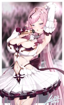 1girl arm_up armpits artist_name blue_gemstone blurry blurry_background blush border braid braided_bangs breasts cleavage clothing_cutout commentary commission criss-cross_straps cross_hair_ornament dated detached_sleeves dress drill_hair drill_sidelocks earrings esto_0079 flower-shaped_pupils gem gold_tiara gold_trim hair_ornament hand_up headpiece highres holding holding_microphone jewelry large_breasts layered_skirt long_hair long_sleeves malice_evermore microphone music navel navel_cutout open_mouth phase_connect pink_hair pointy_ears purple_eyes sidelocks signature singing skeb_commission skirt solo stage standing sweat symbol-shaped_pupils thighs two-sided_sleeves very_long_hair virtual_youtuber white_border white_dress wide_sleeves