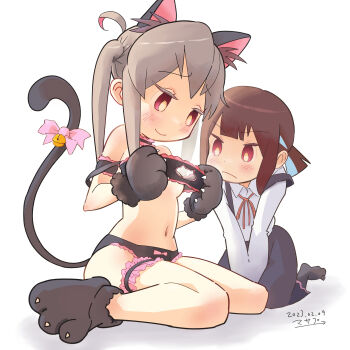 2girls ahoge alternate_breast_size animal_ear_fluff animal_ears animal_hands bare_legs bare_shoulders bell black_bra black_choker black_panties black_skirt blue_hair blunt_bangs blush bow bra bra_pull breasts brown_hair cat_cutout cat_ears cat_lingerie cat_tail choker clothes_pull clothing_cutout commentary_request female_focus frilled_bra frilled_choker frilled_panties frills frown full_body gloves grey_hair highres hozuki_momiji loli long_shirt looking_at_breasts masapoooh medium_breasts multicolored_hair multiple_girls navel neck_ribbon onii-chan_wa_oshimai! oyama_mahiro panties paw_gloves paw_shoes pink_bow ponytail red_eyes red_ribbon ribbon shirt short_hair short_ponytail sitting skirt smile stomach suspender_skirt suspenders tail tail_bell tail_bow tail_ornament twintails two-tone_hair underwear wariza white_shirt