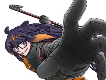 armor bonedaddy bullet_hole crowbar dashing fangs glasses grin half-life hev_suit highres hololive hololive_english holomyth looking_at_viewer meme ninomae_ina&#039;nis pepe_punch_(meme) perspective pointy_ears purple_eyes purple_hair reaching reaching_towards_viewer scratches sharp_teeth smile swinging taiggerrock teeth virtual_youtuber white_background