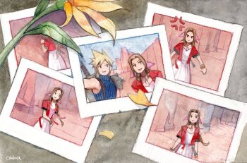 1boy 1girl aerith_gainsborough anger_vein armor artist_name bangle blonde_hair blue_shirt bracelet braid braided_ponytail brown_hair buster_sword clenched_hands closed_mouth cloud_strife desert dress falling_petals final_fantasy final_fantasy_vii final_fantasy_vii_rebirth final_fantasy_vii_remake flower furrowed_brow highres jacket jewelry light_smile lily_(flower) long_hair necklace okha open_mouth parted_bangs pauldrons petals photo_(object) pink_dress red_jacket selfie shirt short_hair short_sleeves shoulder_armor sidelocks single_braid single_pauldron smile spiked_hair suspenders sword sword_on_back traditional_media weapon weapon_on_back yellow_flower yellow_petals
