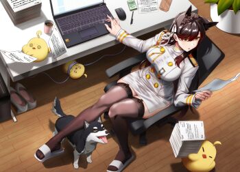 1girl animal_ears atago_(azur_lane) azur_lane breasts brown_hair carrying commentary_request computer desk dog dog_ears extra_ears from_above garter_straps high_heels indoors kagiyama_(clave) laptop large_breasts manjuu_(azur_lane) military_uniform mole mole_under_eye paper paper_stack pen plant ribbon skirt slippers sticky_note thighhighs white_ribbon wooden_floor yellow_eyes