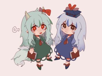 Rule 34 | 2girls, ahoge, anger vein, blue dress, blue hair, blue hat, blue shoes, blush, book, bow, chibi, chibi only, commentary, dress, dual persona, ex-keine, footwear bow, full body, green dress, green hair, green shoes, hat, highres, holding, holding book, horn bow, horn ornament, horns, kamishirasawa keine, long hair, looking at viewer, multiple girls, pointy ears, red bow, red eyes, shoes, simple background, spoken anger vein, straight hair, tail, touhou, v-shaped eyebrows, very long hair, white background, yukiaa