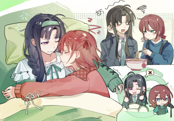 Rule 34 | 2girls, artist request, awa subaru, black hair, black jacket, black skirt, blazer, blue eyes, blue necktie, blue shirt, braid, chopsticks, closed eyes, closed mouth, commentary request, commission, cuddling, drumsticks, food, girls band cry, highres, holding, holding chopsticks, holding drumsticks, iseri nina, jacket, long hair, multiple girls, necktie, noodles, one eye closed, pajamas, pillow, purple eyes, ramen, red hair, school uniform, second-party source, shirt, short twintails, single braid, skirt, sleeping, spoken x, squiggle, suspender skirt, suspenders, twintails, white shirt, yuri