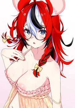 1girl absurdres animal_ears areola_slip armpit_crease babydoll black-framed_eyewear black_streaks blue_eyes bow braid breasts chestnut_mouth cleavage collarbone double-parted_bangs gradient_background hair_between_eyes hair_bow hakos_baelz hakos_baelz_(strawberry_onesie) hand_on_own_chest highres hololive hololive_english large_breasts long_hair looking_at_viewer low_twin_braids mouse_ears multicolored_hair pink_babydoll pink_nails polka_dot_babydoll red_hair round_eyewear solo strap_slip streaked_hair sweat twin_braids upper_body virtual_youtuber white_streaks yellow_babydoll yellow_bow zabudog777