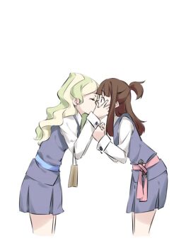 2girls bag blonde_hair brown_eyes brown_hair chocolate diana_cavendish from_side holding_face kagari_atsuko kiss little_witch_academia multiple_girls seren_lwa shared_food shopping_bag surprise_kiss surprised valentine yuri