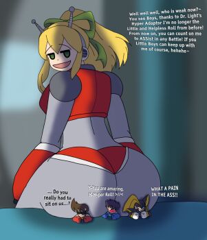 Rule 34 | 1girl, :d, aged up, android, antennae, arm behind back, armor, armored boots, arms up, ass, bass (mega man), bikini, bikini armor, black hair, blonde hair, blue eyes, blurry, blurry background, blush, bodysuit, boots, breasts, brown hair, earphones, english text, full body, glasses, gorget, green eyes, green ribbon, hair between eyes, hair ribbon, hairband, headphones, highres, huge ass, hyper roll (marvel vs. capcom), joints, large breasts, long hair, looking at viewer, makotan, marvel vs. capcom, mechanical arms, mechanical legs, mega man (classic), mega man (series), open mouth, ponytail, proto man, radio antenna, red armor, red bikini, red boots, ribbon, robot, robot girl, robot joints, roll (mega man), shoulder armor, sidelocks, sitting, smile, solo, sunglasses, swimsuit