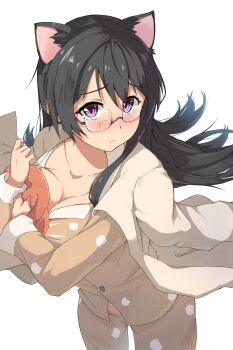 1girl animal_ears black_hair blush breasts cat_ears check_copyright cleavage closed_mouth collarbone commentary_request copyright_request cowboy_shot extra_ears glasses grey_jacket grey_pajamas grey_pants hanekawa_tsubasa highres jacket large_breasts long_hair long_sleeves looking_at_viewer monogatari_(series) onabe915 pajamas pants pout purple_eyes simple_background solo white_background