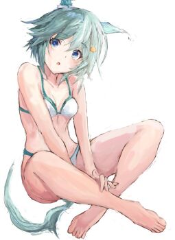 1girl animal_ears bare_shoulders barefoot bikini blue_eyes blush breasts collarbone commentary_request ear_covers flower grey_hair hair_between_eyes hair_flower hair_ornament hairclip horse_ears horse_girl horse_tail looking_at_viewer open_mouth parted_lips seiun_sky_(umamusume) short_hair simple_background single_ear_cover small_breasts solo stomach sunflower sunflower_hair_ornament swimsuit tail umamusume white_background white_bikini yanagi_wakana
