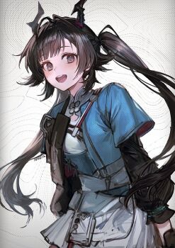 1girl arknights arknights:_endfield artist_name black_gloves black_hair blue_jacket chen_qianyu_(arknights) chinese_clothes dragon_girl dragon_horns gloves horns jacket long_hair looking_at_viewer nagu open_mouth skirt smile solo twintails white_skirt