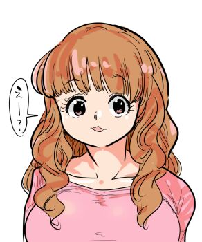 1girl :3 bad_tag breasts brown_eyes brown_hair collarbone kiliu large_breasts long_hair looking_at_viewer moroboshi_kirari orange_hair pink_shirt shirt simple_background smile solo speech_bubble upper_body white_background