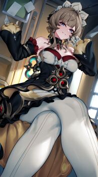 1girl absurdres armpit_crease bare_shoulders black_dress black_sleeves blue_eyes breasts brown_hair clenched_teeth crossed_legs detached_collar detached_sleeves dress gem genshin_impact gloves hands_up highres kejuasin looking_at_viewer medium_breasts pantyhose red_gemstone sandrone_(genshin_impact) short_hair_with_long_locks sitting solo strapless strapless_dress teeth white_gloves white_headdress white_pantyhose