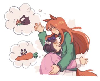 2girls 4byssopel4gic :t animal_ears arm_up blush bow braid brown_hair carrot chibi closed_eyes closed_mouth commentary cropped_legs cropped_torso curled_fingers dreaming english_commentary facing_another food_bite from_side green_pajamas hair_bow half_up_braid head_on_chest horse_ears horse_girl horse_tail long_hair long_sleeves multicolored_hair multiple_girls nightmare orange_hair orange_tail pajamas pink_pajamas purple_bow short_hair sidelocks silence_suzuka_(umamusume) sleeping special_week_(umamusume) speech_bubble streaked_hair sweatdrop tail thought_bubble two-tone_hair umamusume white_background white_streaks