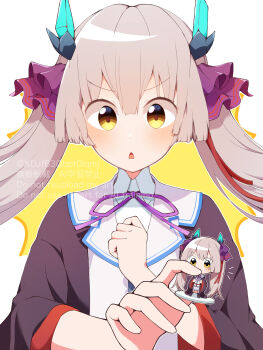 1girl black_robe blunt_bangs blunt_ends brown_hair character_doll chestnut_mouth clenched_hand collared_shirt commentary_request doll downturned_eyes eyes_visible_through_hair hair_between_eyes hair_ribbon headgear heaven_burns_red highres hime_cut holding holding_doll long_hair long_sleeves looking_at_object neck_ribbon nendoroid notice_lines ogasawara_hisame open_clothes open_mouth open_robe purple_ribbon red_ribbon ribbon robe shirt sidelocks simple_background solo twintails upper_body v-shaped_eyebrows very_long_hair watermark white_background white_shirt wide_sleeves xdjf63qbpt0iqmj yellow_eyes