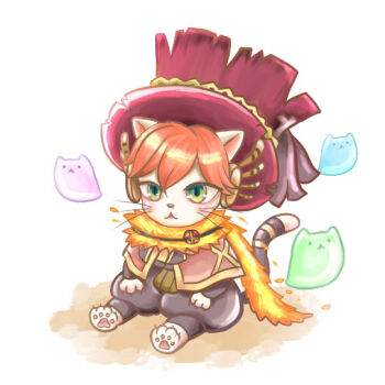 1boy animal_ears black_pants brown_capelet capelet cat_boy cat_ears closed_mouth commentary_request full_body furry furry_male ghost green_eyes hat looking_at_viewer male_focus orange_hair orange_scarf pants philippa ragnarok_online red_hat scarf short_hair simple_background sitting solo summoner_(ragnarok_online) top_hat white_background