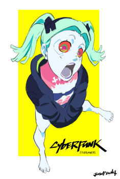 1girl aoki_ken&#039;ichirou barefoot colored_sclera colored_skin copyright_name cyberpunk:_edgerunners cyberpunk_(series) full_body green_hair long_hair looking_at_viewer open_mouth rebecca_(cyberpunk) red_sclera solo tattoo white_skin