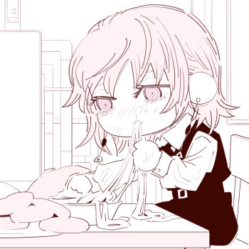 1girl chainsaw_man chair chibi chibi_only deer60868637 dress earrings eating fami_(chainsaw_man) food fourth_east_high_school_uniform jewelry medium_hair on_chair pasta pinafore_dress pink_eyes plate ringed_eyes school_uniform sitting sleeveless sleeveless_dress solo spaghetti spot_color table