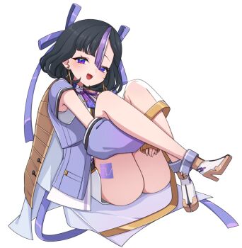 1girl :d ass black_hair boots chiji_komari commentary_request dress earrings fang goddess_of_victory:_nikke hair_ribbon high_heel_boots high_heels hugging_own_legs jacket jewelry knees_up looking_at_viewer multicolored_hair open_clothes open_jacket open_mouth purple_eyes purple_hair purple_jacket purple_ribbon ribbon short_sleeves simple_background smile solo streaked_hair syuen_(nikke) two-tone_hair white_background white_boots white_dress white_hair