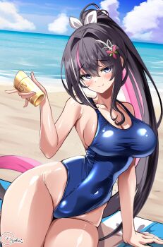 Rule 34 | 1girl, azki (hololive), bare shoulders, beach, black hair, blue one-piece swimsuit, blush, breasts, cleavage, high ponytail, highres, holding sunscreen, hololive, inokeiwd, large breasts, long hair, multicolored hair, ocean, one-piece swimsuit, pink hair, ponytail, sand, signature, solo, streaked hair, swimsuit, virtual youtuber, white hair