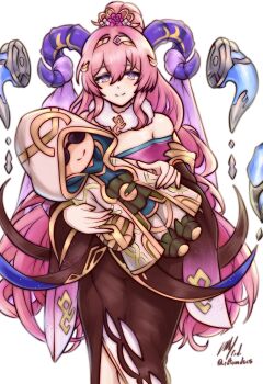 Rule 34 | 1girl, bare shoulders, breasts, character doll, chibi, cleavage, commentary, commission, doll, dress, english commentary, fire emblem, fire emblem heroes, glasses, goat horns, highres, hood, horns, japanese clothes, kimono, kiran (fire emblem), large breasts, long hair, looking at viewer, nerthuz (fire emblem), nerthuz (new year) (fire emblem), new year, nintendo, official alternate costume, pink hair, purple eyes, robe, rotomdocs, smile, solo, twitter username, very long hair