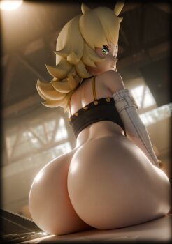 Rule 34 | 1girl, 3d, absurdres, ass, ass focus, back, black tube top, blonde hair, crop top, day, dkclaude3d, from behind, green eyes, highres, indoors, long hair, looking at viewer, piper wheel, solo, spiked shirt, strapless, tube top, zenless zone zero