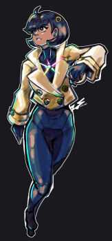 1girl black_hair bodysuit breasts dark-skinned_female dark_background dark_skin emma_(pokemon) gloves jacket long_sleeves micro_(antisocialmicro) nintendo pokemon pokemon_legends:_z-a short_hair teeth