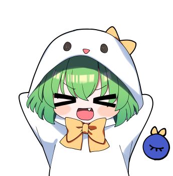 >_< 1girl :o absurdres arms_up blush_stickers bow chibi closed_eyes closed_mouth commentary_request fang fang_out ghost_costume green_hair highres hood hood_up komeiji_koishi medium_hair no_nose open_mouth simple_background solo third_eye touhou transparent_background upper_body v-shaped_eyebrows yellow_bow you_(noanoamoemoe)