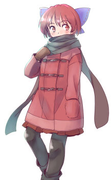 1girl black_boots black_pants black_scarf blue_bow blush boots bow brown_mittens coat commentary_request covered_mouth hair_bow hand_in_pocket mittens one-hour_drawing_challenge pants pleated_skirt rangycrow red_coat red_eyes red_hair red_skirt scarf sekibanki short_hair sideways_glance skirt solo touhou white_background winter_clothes