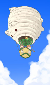2girls aircraft blue_sky chibi cloud diode_(0_division) grey_hair highres hot_air_balloon incense_burner kayari_buta mosquito_coil multiple_girls open_mouth orange_hair original ponytail sky telescope |_|